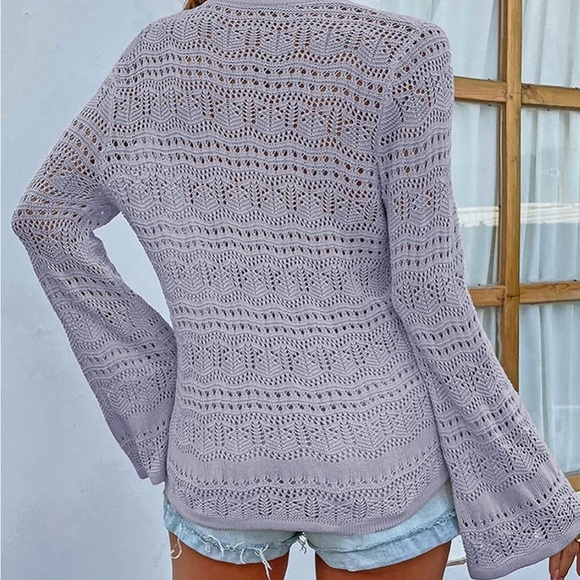 LYANER Women's Drawstring Long Bell Sleeve Sexy Crochet Knit Beach Hollow Out Sm - Picture 5 of 8